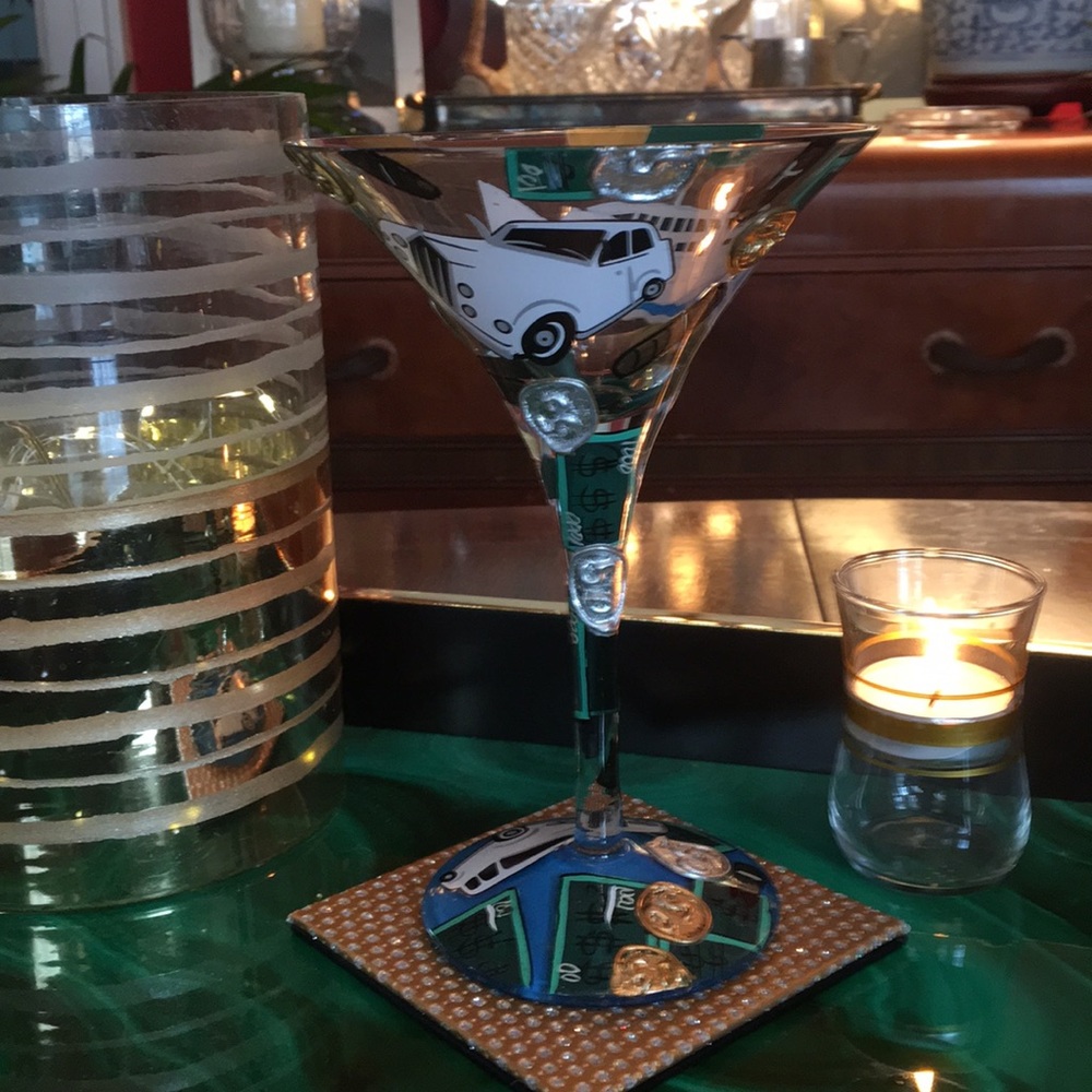 Hand painted “‘Millionaire” Martini Glass. Signed
